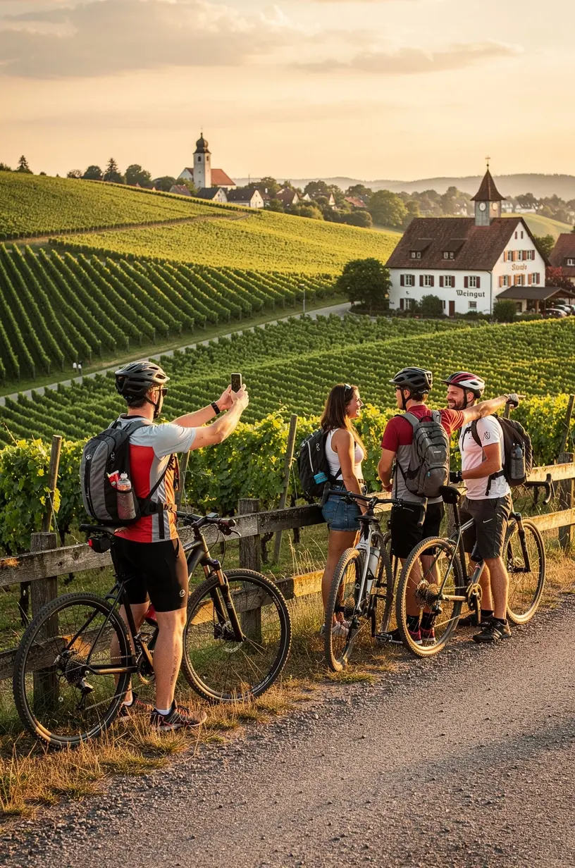 Gruppe von Radfahrern erkundet eine idyllische Flusslandschaft auf speziell konzipiertem Radweg.